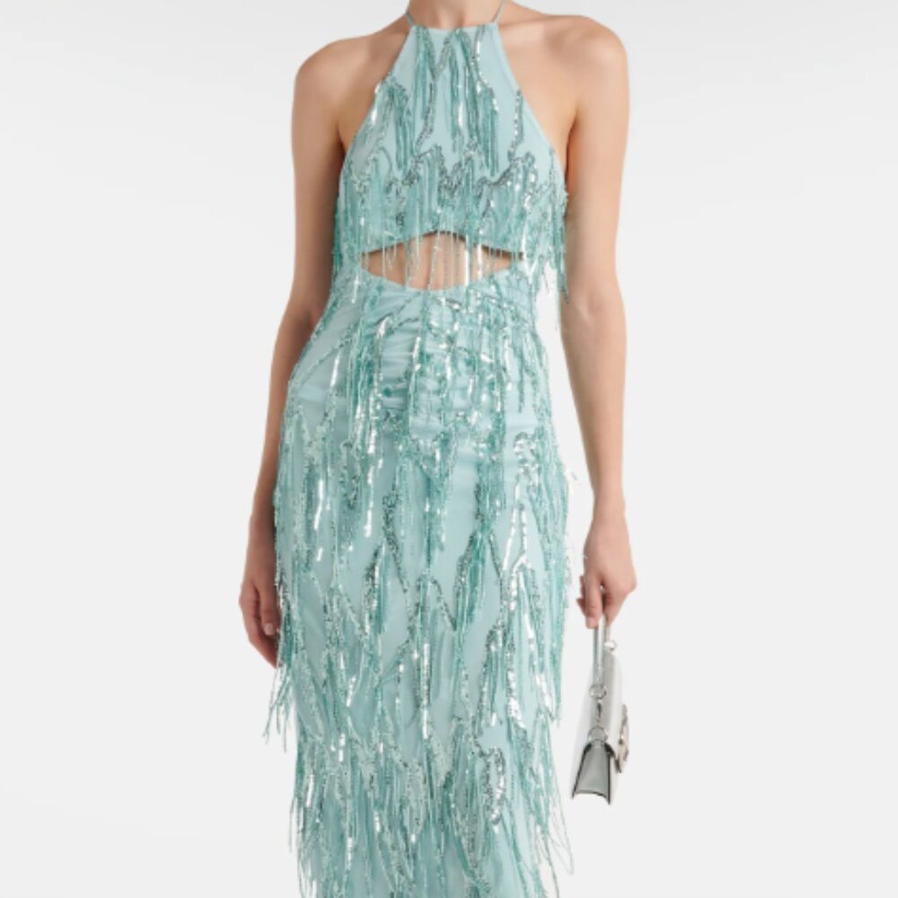 Midi Sequin Fringe Dress in Mint with Cutout